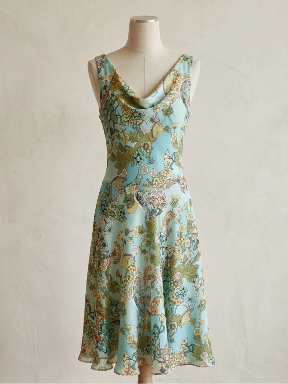 Lapis 100% Silk Floral Midi Dress Blue Cowl Neck Vintage Y2K Boho Size L